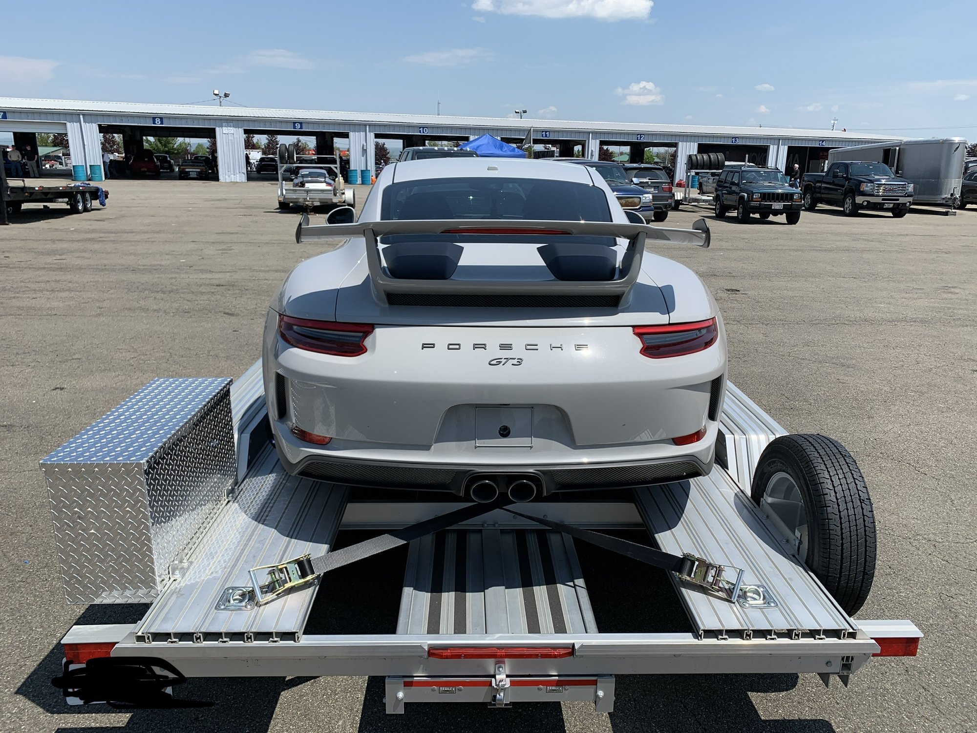 Porsche GT3 RS on Trailex 8045 open trailer, close rear view
